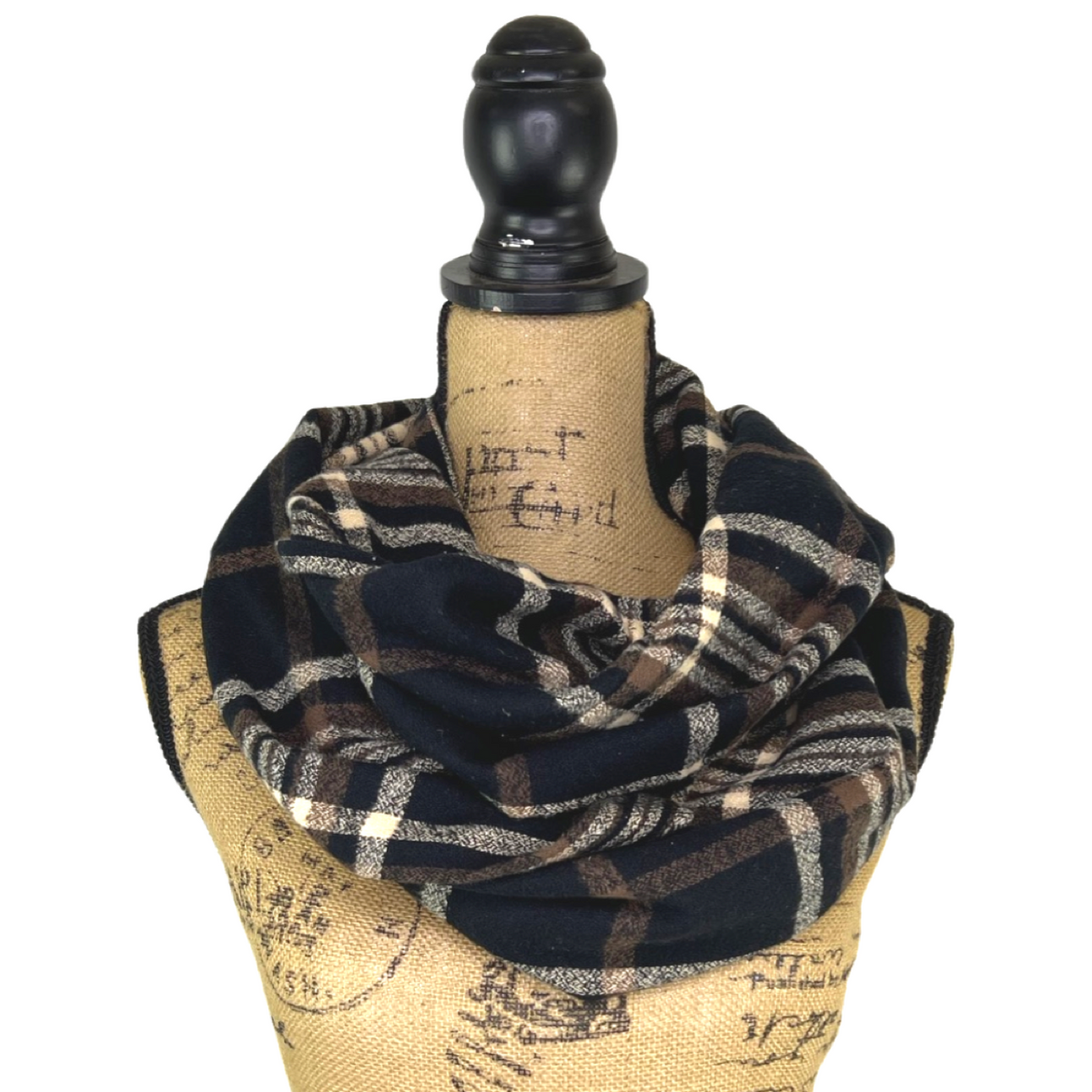 An Autumn Evening Plaid Deep Rich Tones of Black Milk Chocolate and Creamy White Plaid Flannel Infinity or Blanket Scarf