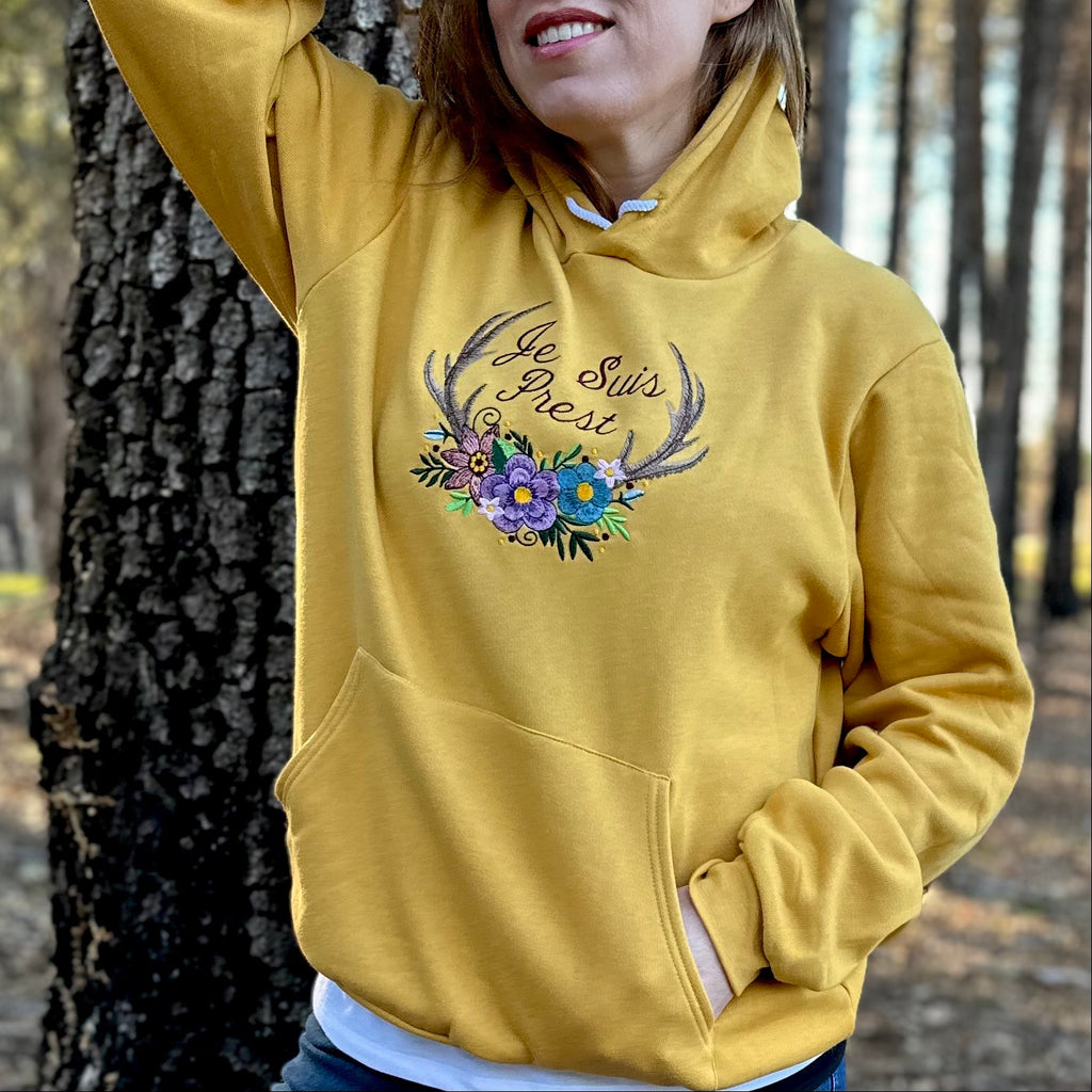 Je Suis Prest Floral Antler Embroidered Soft Fleece Unisex Sweatshirt Hoodie - Outlander Inspiration