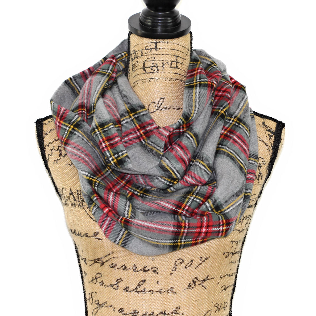 Stewart Tartan in Heather Gray with Sage Green and Red Flannel Plaid Infinity or Blanket Scarf