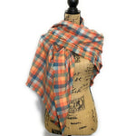 100% Organic Cotton Dusty Peach, Coral and Blue Block Plaid Infinity and Blanket Scarves