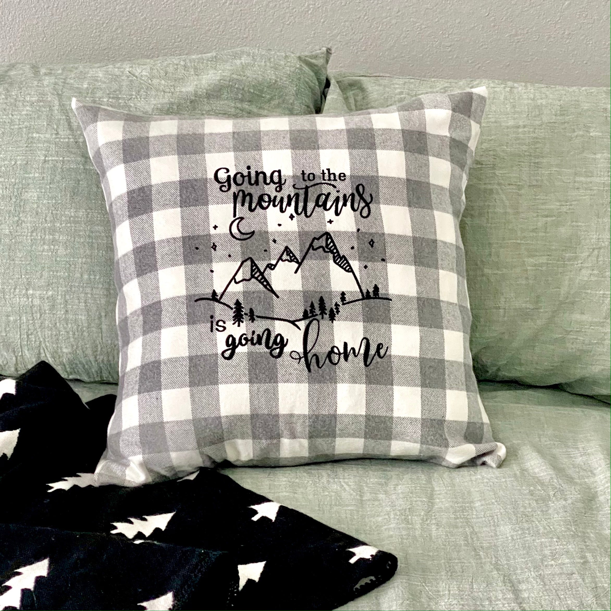 Going to the Mountains is Going Home John Muir Quote Embroidered Gray and White Buffalo Plaid Flannel Envelope Pillowcase
