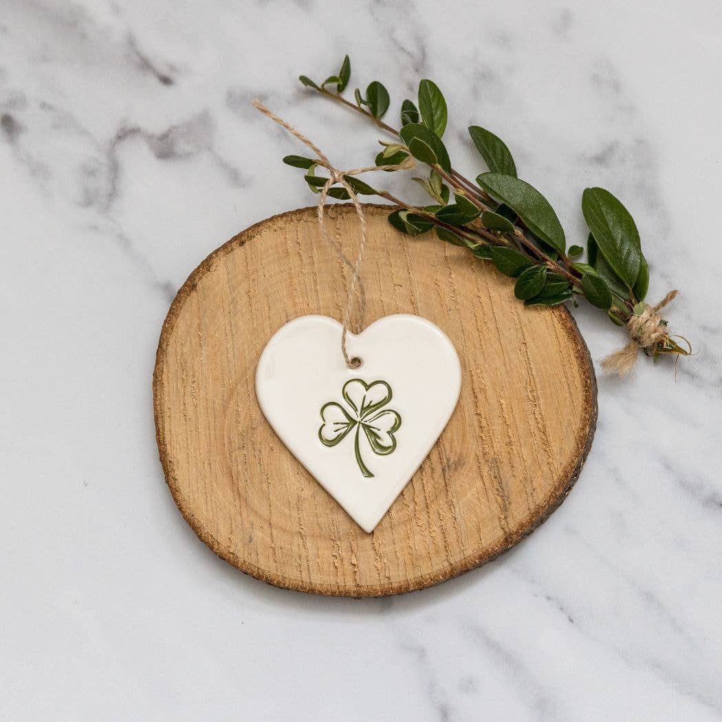 Irish Shamrock Handmade Ceramic Heart Ornament