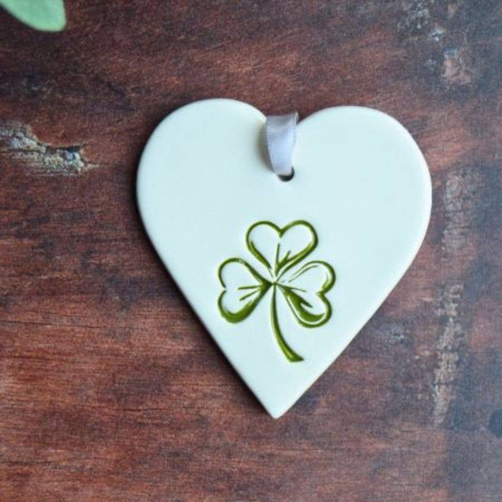 Irish Shamrock Handmade Ceramic Heart Ornament