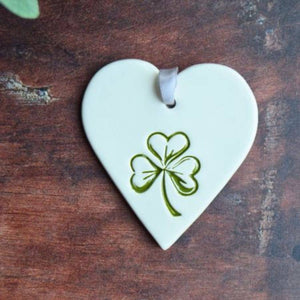 Irish Shamrock Handmade Ceramic Heart Ornament