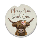 "Messy Hair Don't Care" Highland Coo Absorbent Stone Car Coaster