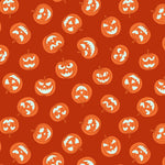 Pattern of Halloween pumpkins with jack-o'-lantern faces on an orange background