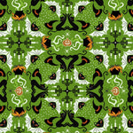 Halloween-themed pattern with cats, pumpkins, and ghosts on a green background