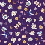 Pattern of teapots, tea cups, and British flags on a purple background