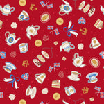 Pattern of teapots, cakes, and British flags on a red background