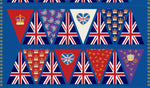 Collection of British flags and decorative elements on a blue background