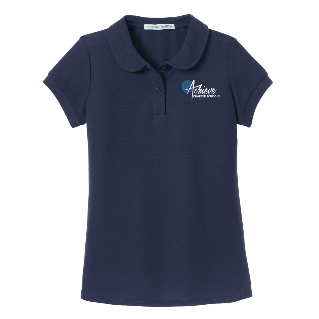 Elementary School Girls Peter Pan Collar Embroidered Pique Polo Shirts