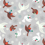 Pattern of birds and snowflakes on a gray background