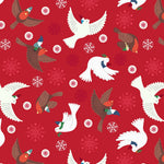 Pattern of white doves and brown birds on a red background with snowflakes.