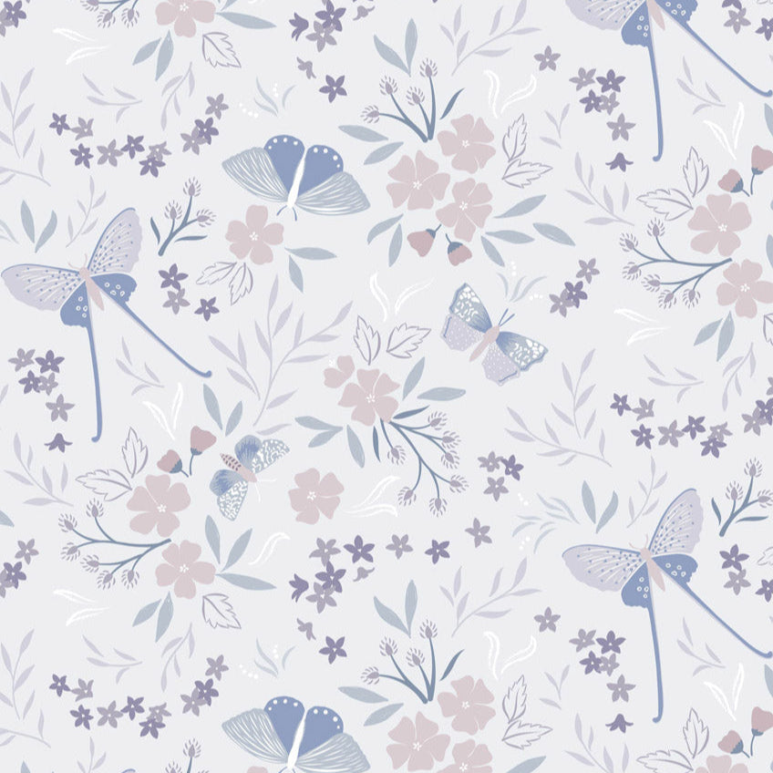 Pale Grey Mist Flowers and Moths - Evenfall Fabric by the Yard