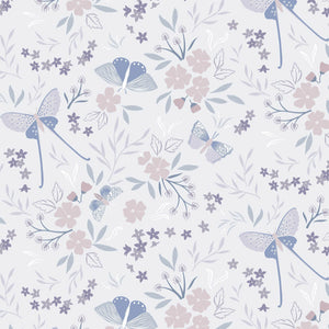 Pale Grey Mist Flowers and Moths - Evenfall Fabric by the Yard