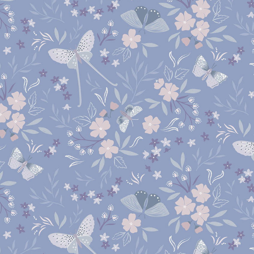 Dark Periwinkle Flowers and Moths - Evenfall Fabric by the Yard