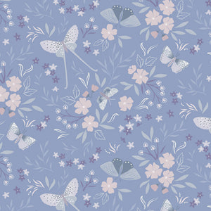 Dark Periwinkle Flowers and Moths - Evenfall Fabric by the Yard