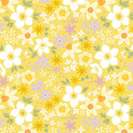 Floral pattern with white, yellow, and purple flowers on a yellow background