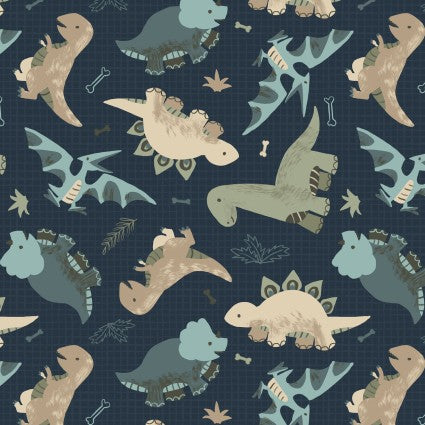 Blue Going Dino Toss - Fantastic Flannel Fabric by the Yard