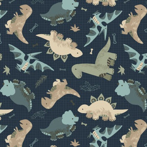 Blue Going Dino Toss - Fantastic Flannel Fabric by the Yard