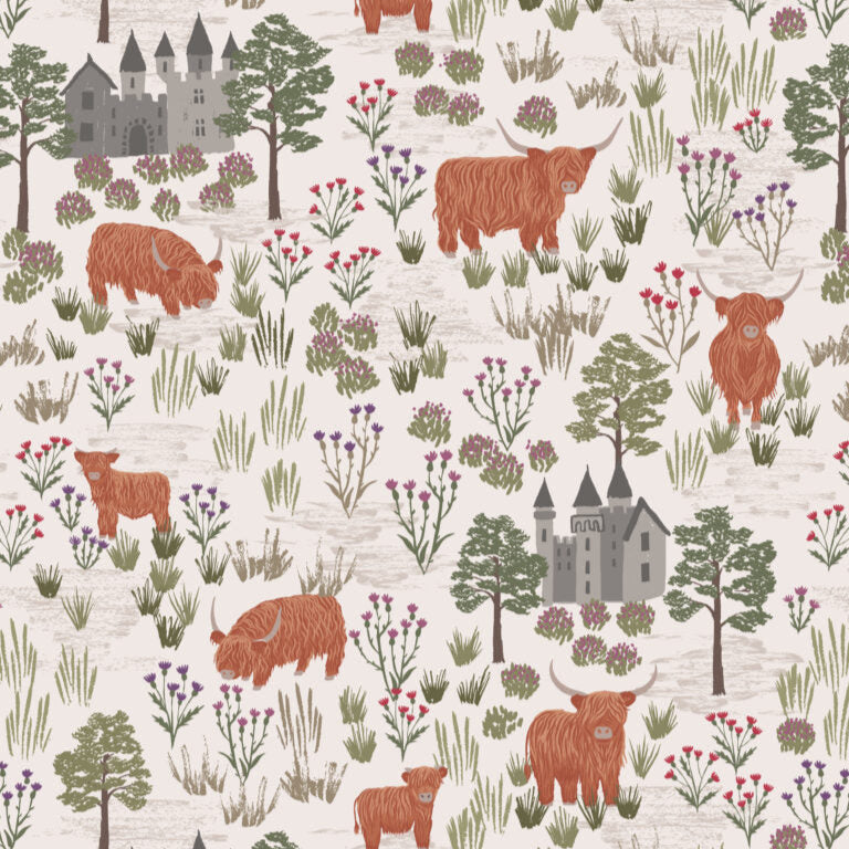 Dark Cream Castles and Highland Cattle - Flannel Fabric by the Yard