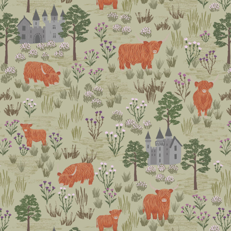 Light Sage Castles and Highland Cattle - Flannel Fabric by the Yard