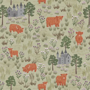 Light Sage Castles and Highland Cattle - Flannel Fabric by the Yard