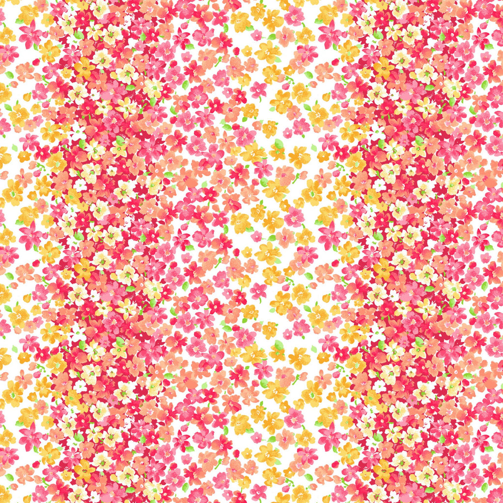Coral Pink & Yellow Floral Stripes - Fabric by the Yard