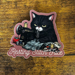 Resting Stitch Face Sewing Black Tabby Cat 3" Sticker