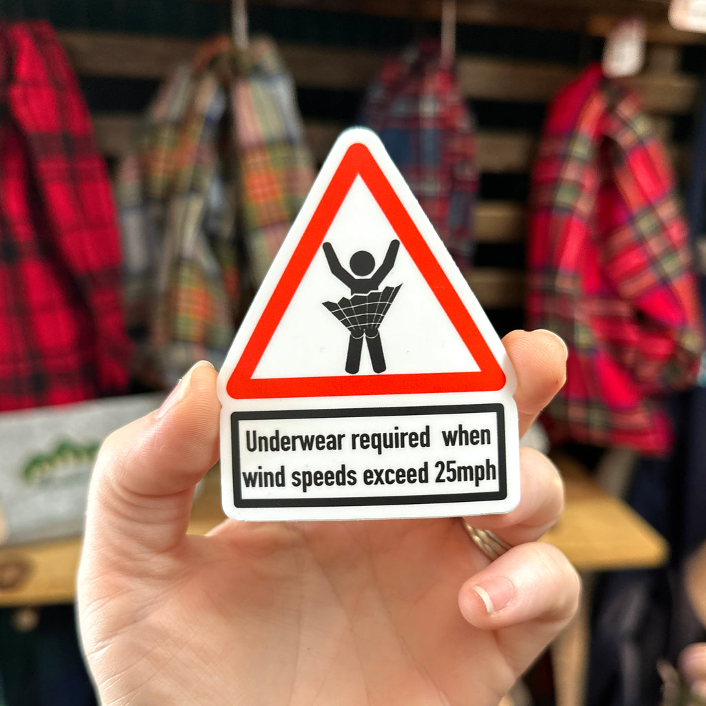 Kilted Warning Sign "Underwear Required" 3" sticker