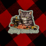 Resting Stitch Face Sewing Gray Tabby Cat 3" Sticker