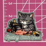 Resting Stitch Face Sewing Gray Tabby Cat 3" Sticker