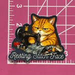 Resting Stitch Face Sewing Orange Tabby Cat 3" Sticker
