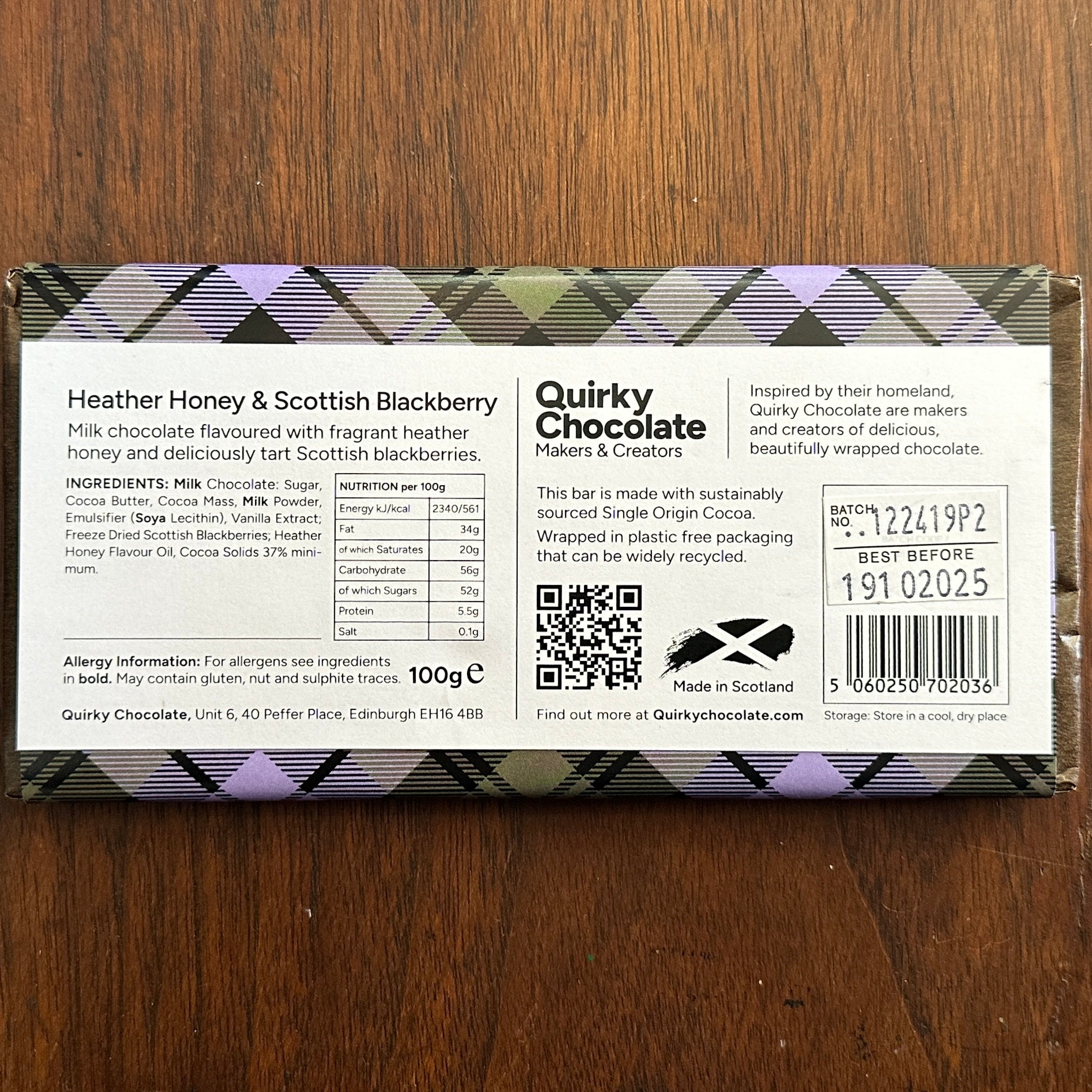 Spring Limited Edition Heather Honey & Blackberry Milk Chocolate Bar by Quirky Chocolate
