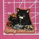Resting Stitch Face Sewing Black Tabby Cat 3" Sticker