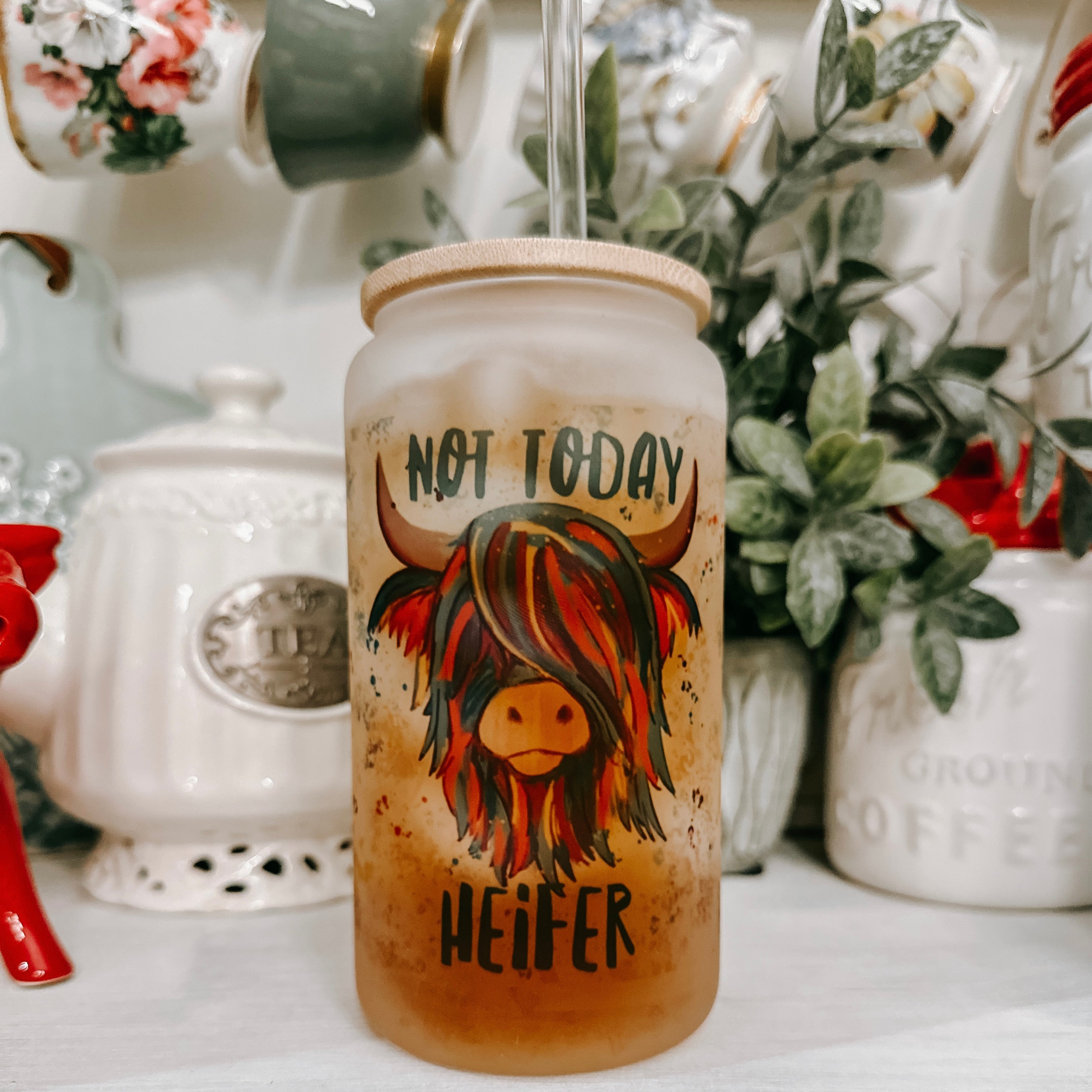 Colorful Coo Not Today Heifer or Not in the Mood 16oz Frosted Beer Can Glass with Bamboo Lid and Straw