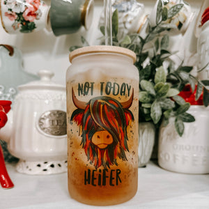 Colorful Coo Not Today Heifer or Not in the Mood 18oz Frosted Beer Can Glass with Bamboo Lid and Straw
