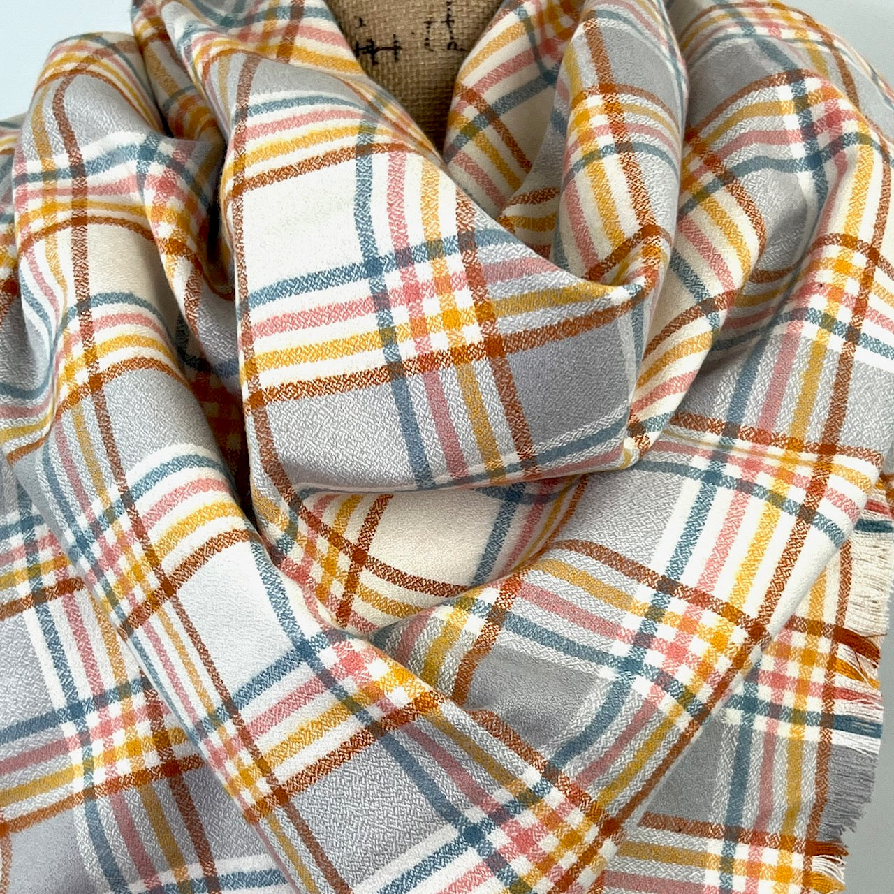 Grey, Ivory, Turmeric, Nutmeg, Blue and Pink 100% Organic Cotton Plaid Infinity and Blanket Scarves