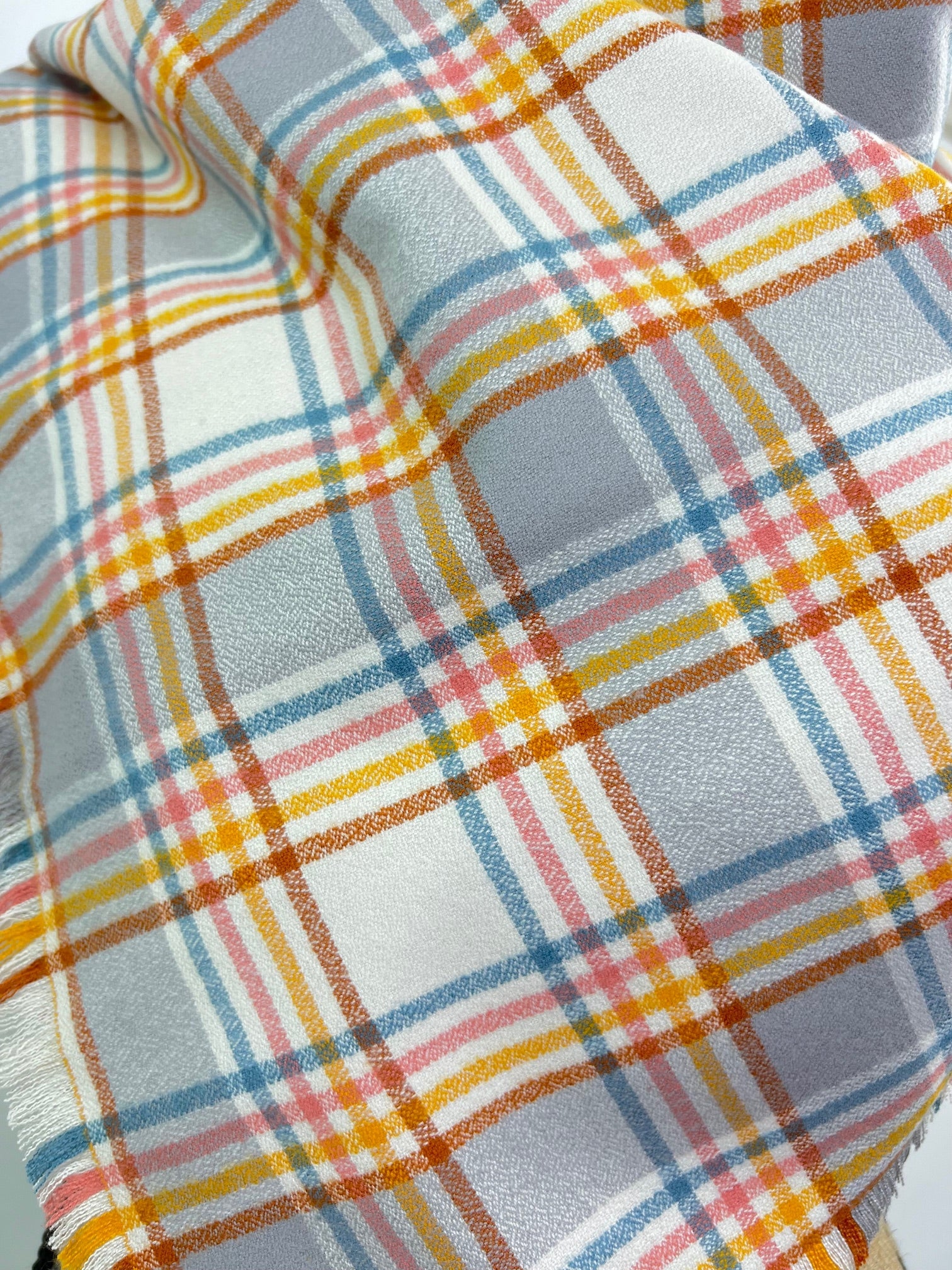 Grey, Ivory, Turmeric, Nutmeg, Blue and Pink 100% Organic Cotton Plaid Infinity and Blanket Scarves