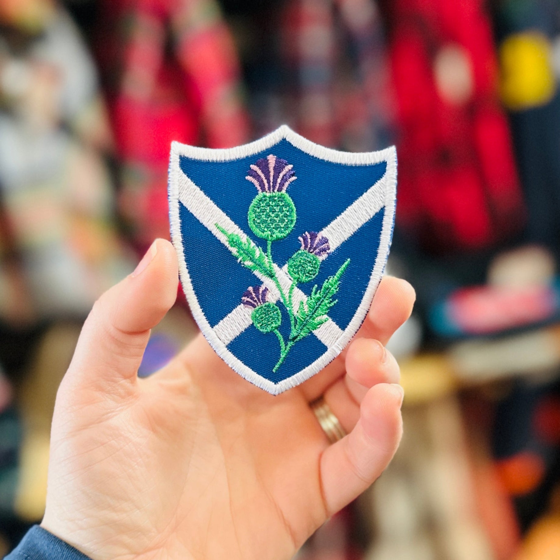 Saltire Flag of Scotland Shield with Scottish Thistle Iron-On Patch
