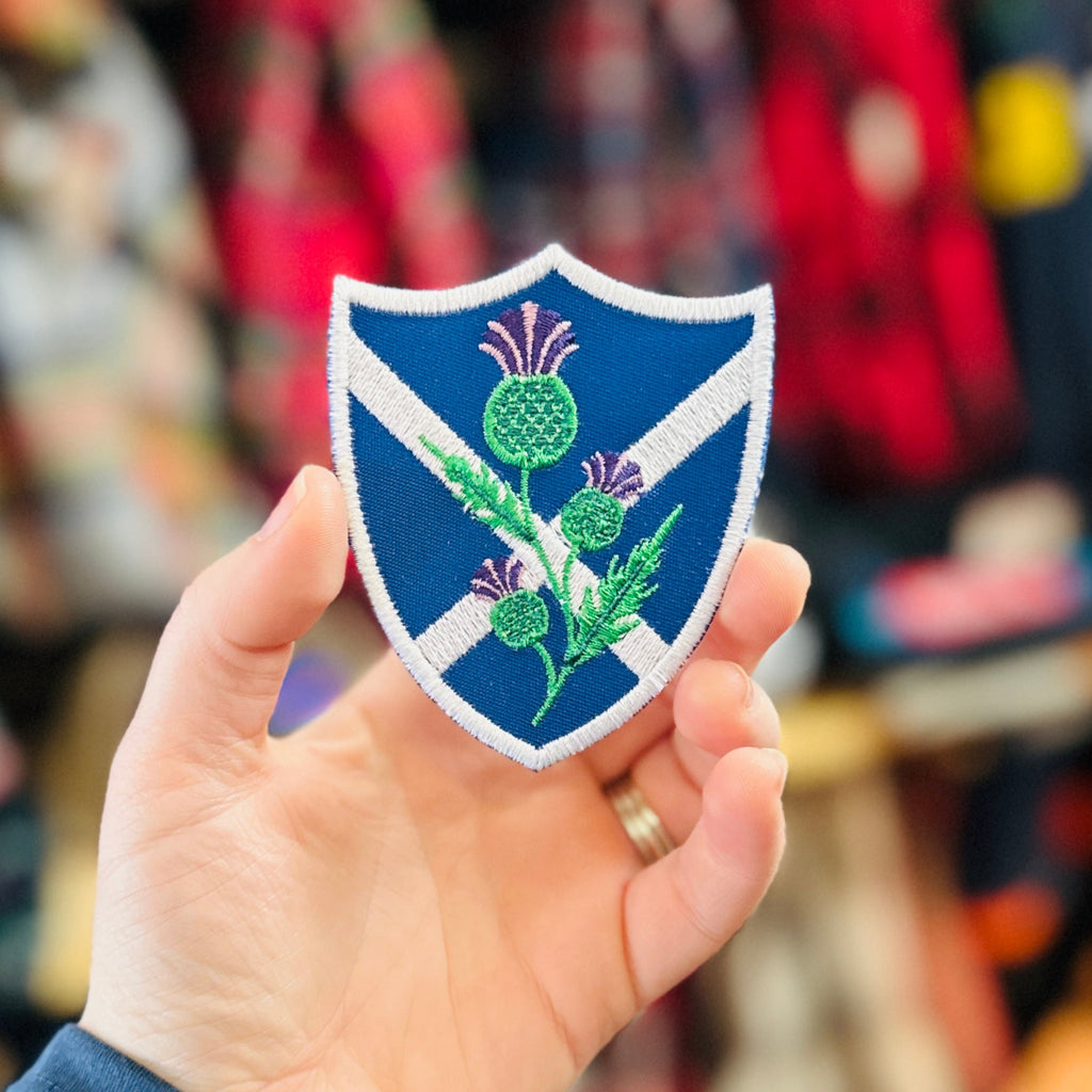 Saltire Flag of Scotland Shield with Scottish Thistle Iron-On Patch