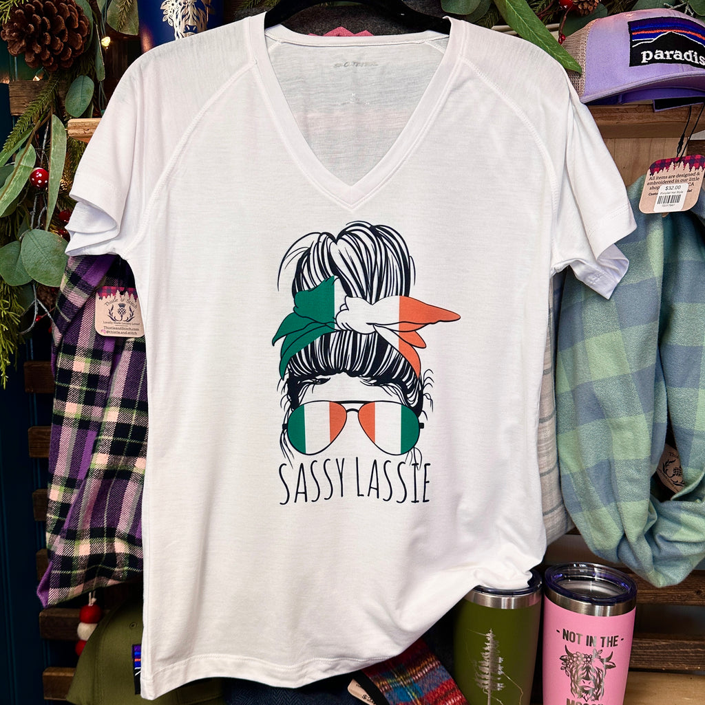 Sassy Lassie Irish Messy Bun and Aviators Women's V-Neck Shirt