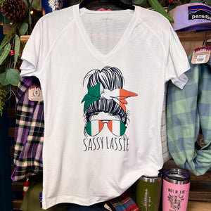 Sassy Lassie Irish Messy Bun and Aviators Women's V-Neck Shirt