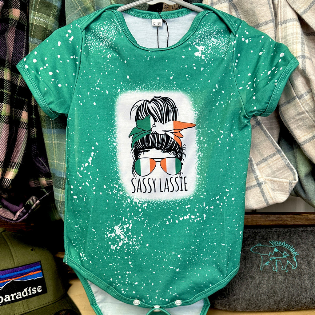 Sassy Lassie Onesie Irish Messy Bun and Aviators