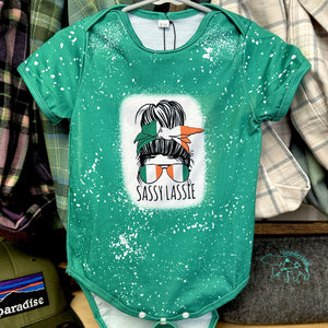Sassy Lassie Onesie Irish Messy Bun and Aviators