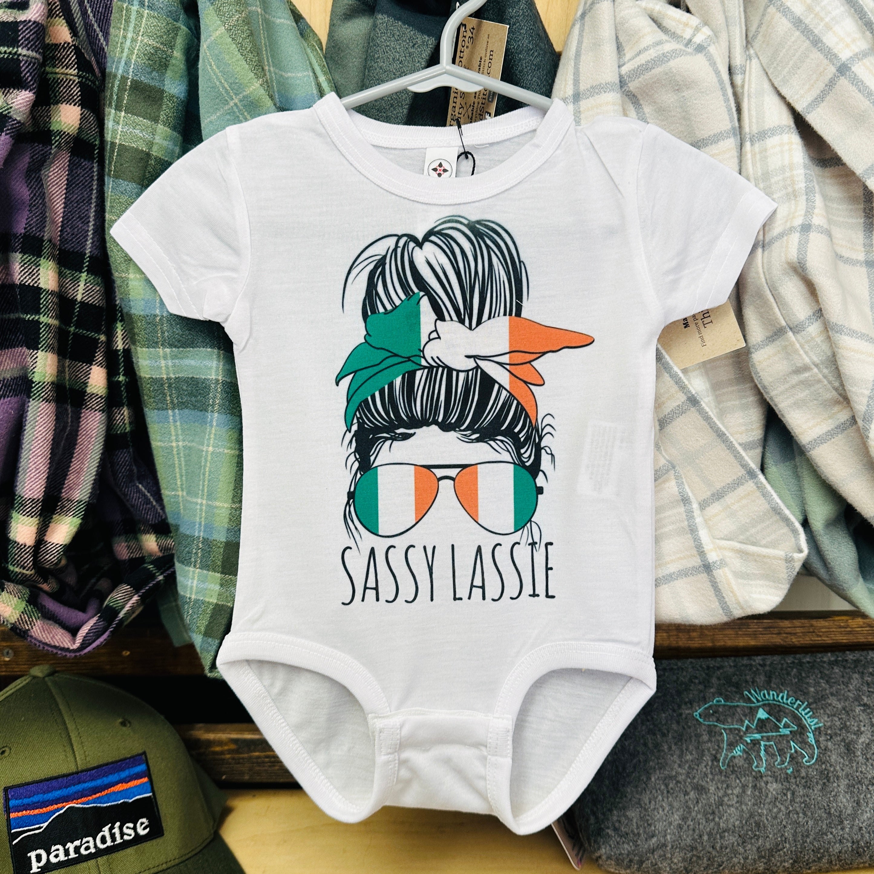 Sassy Lassie Onesie Irish Messy Bun and Aviators