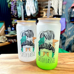 Sassy Lassie Irish Messy Bun 16oz Frosted Beer Can Glass with Bamboo Lid and Straw