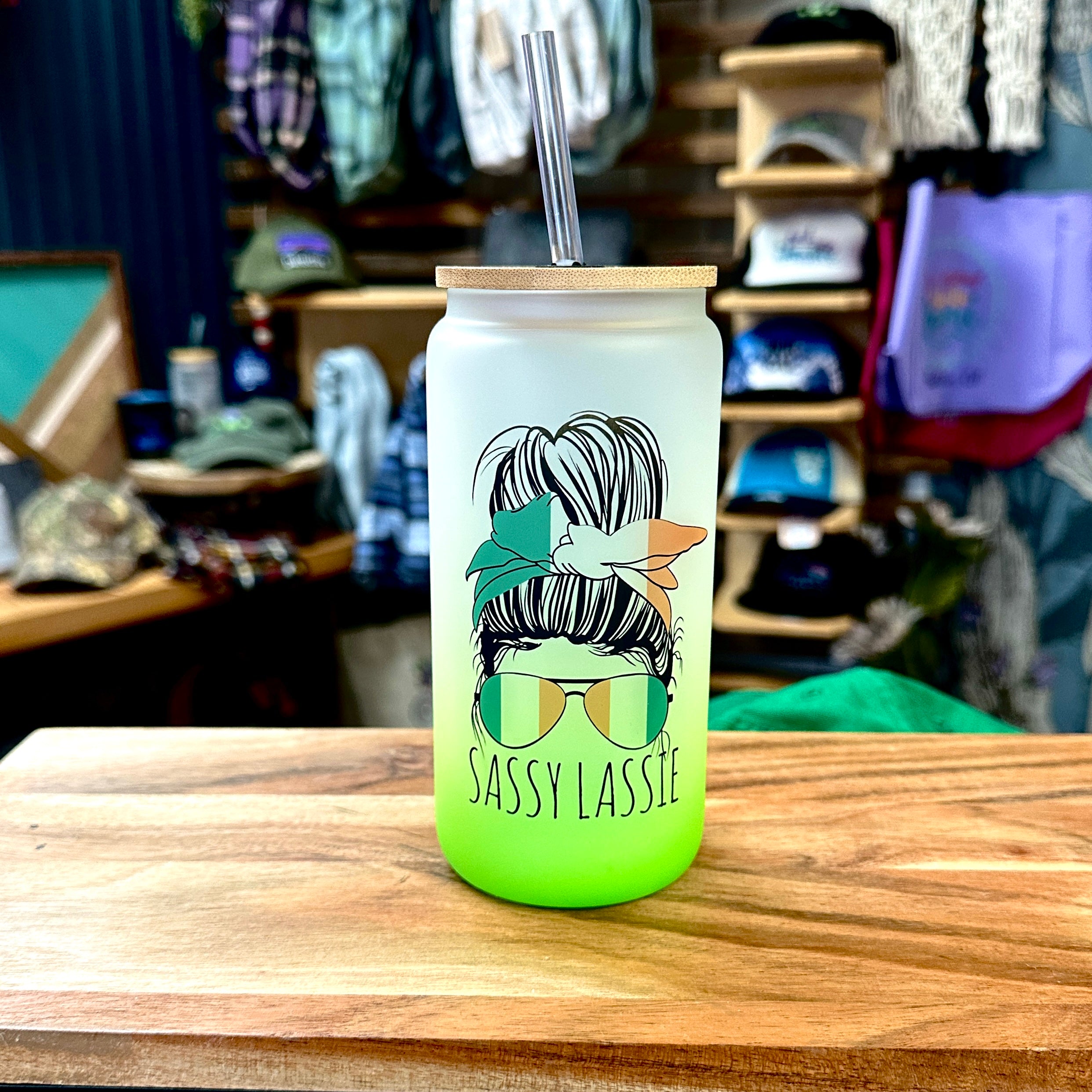 Sassy Lassie Irish Messy Bun 16oz Frosted Beer Can Glass with Bamboo Lid and Straw