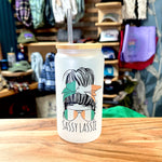 Sassy Lassie Irish Messy Bun 16oz Frosted Beer Can Glass with Bamboo Lid and Straw