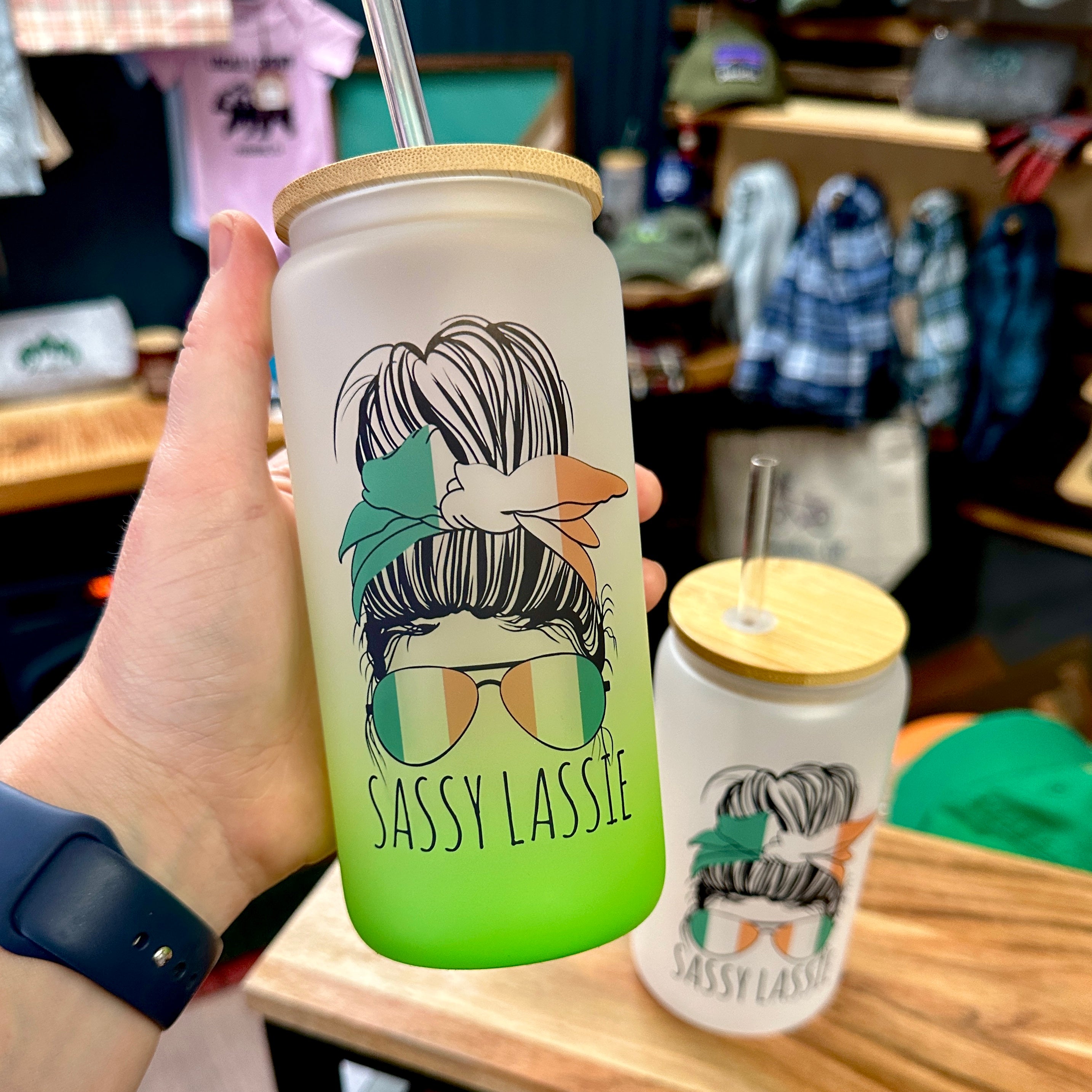 Sassy Lassie Irish Messy Bun 16oz Frosted Beer Can Glass with Bamboo Lid and Straw